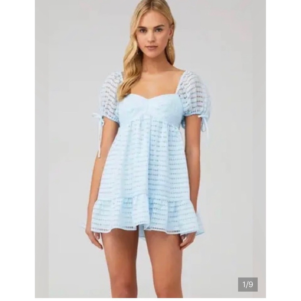 Amanda Uprichard Blue Grid Organza Mini Dress Balloon Sleeve Coquette Romantic S